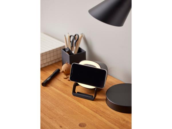 STILL Højttaler, mobiloplader, mobilholder og hyggelampe 4i1, 10,6 x 9,5 x 14,3 cm i sort